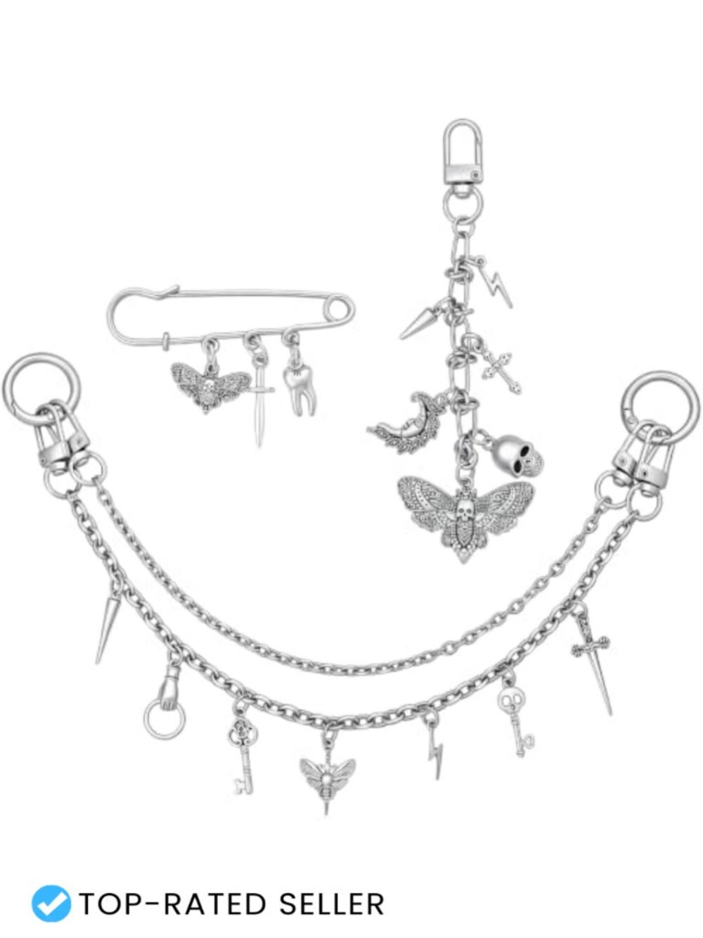 Gothic Punk Alloy Bag Charms & Keychain Set - 3 Pcs Moth Skull Purse Accessories